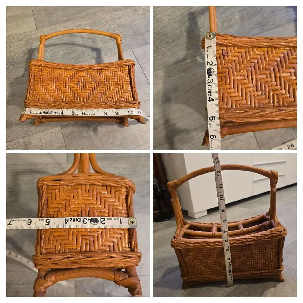 Vintage Bamboo Wicker Basket Utensil Caddy Storage Bohemian Organizer